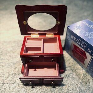 Wooden Jewelry Box Cabinet Felt Compartments Drawer Chest Glass Etched Lid